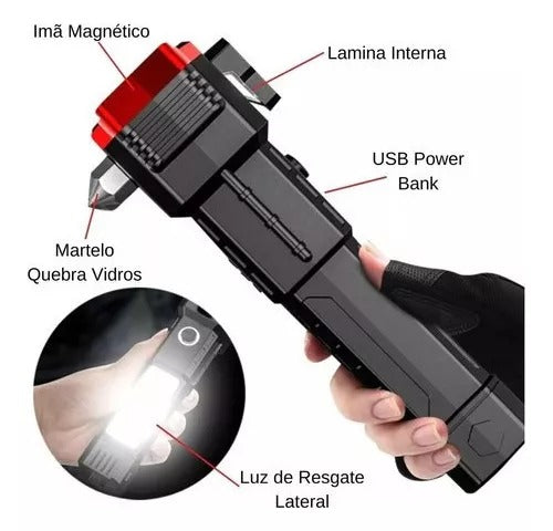 Promo 2 Unidades Linterna Táctica 4en1 Emergencia Martillo Seguridad Usb