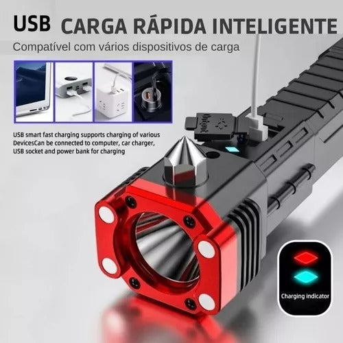Promo 2 Unidades Linterna Táctica 4en1 Emergencia Martillo Seguridad Usb
