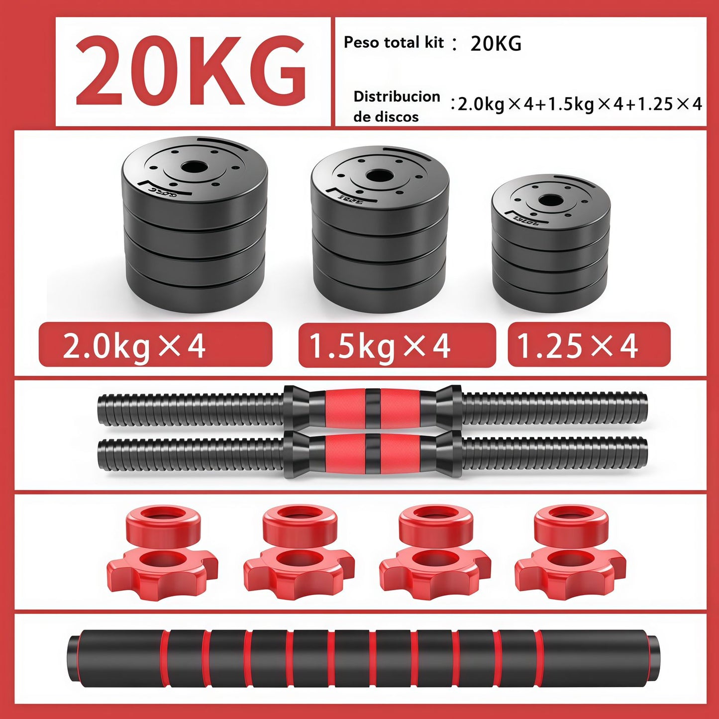Set Mancuernas Y Barra Armable 20kg Pesa